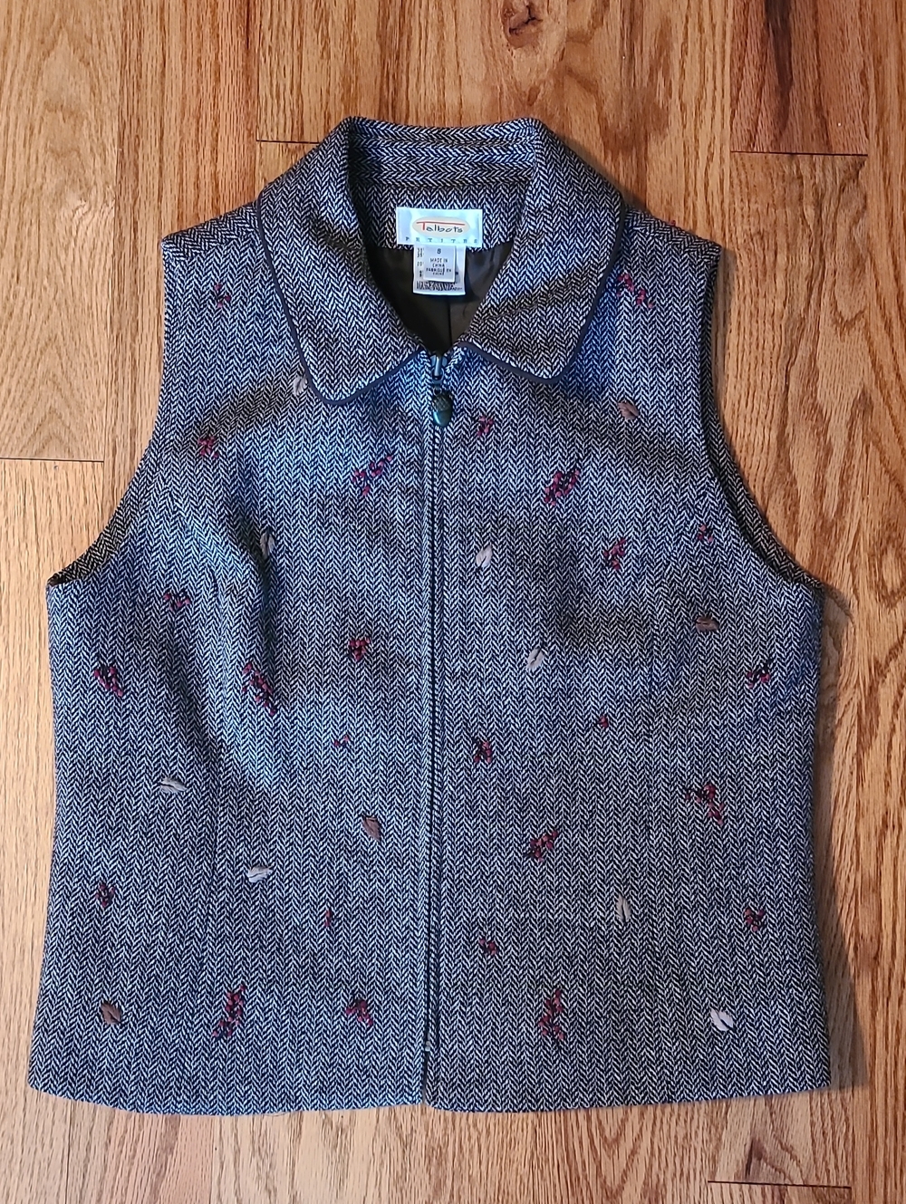 Talbots Girls Blue Herringbone Zip Vest with Embroidered Accents